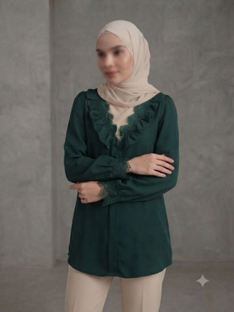 شومیز مجلسی یقه هفت مدل لیور سبز تیره(تزئین‌شده با گیپور)