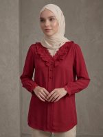 شومیز مجلسی یقه هفت مدل لیور زرشکی(تزئین‌شده با گیپور)
