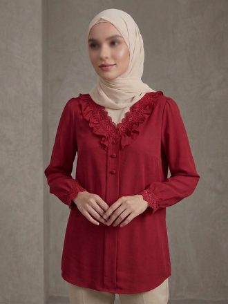 شومیز مجلسی یقه هفت مدل لیور زرشکی(تزئین‌شده با گیپور)